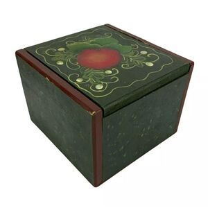 Hand Painted Wooden Recipe Card Box Apple Design Green Red Farmhouse Style
